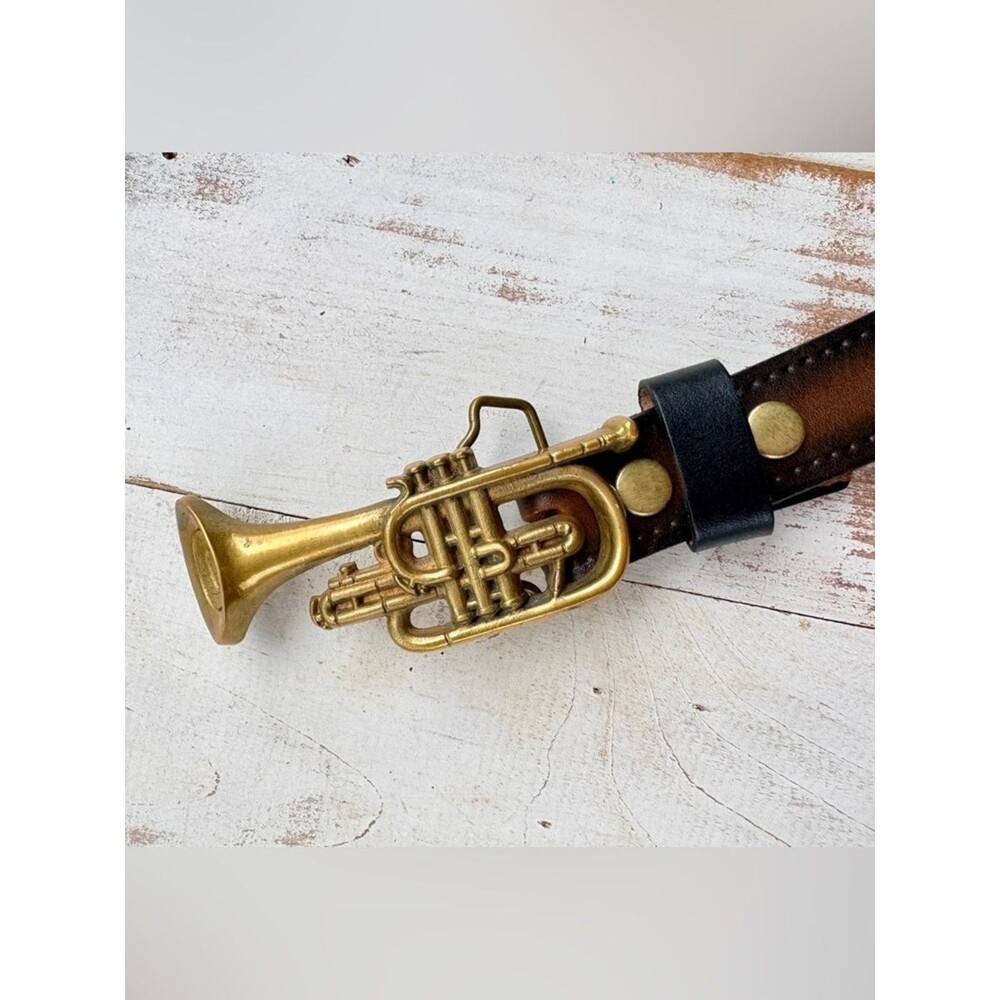 Vintage 70s leather belt Baron solid Brass Buckle cornet trumpet music band 34 - Picture 12 of 16